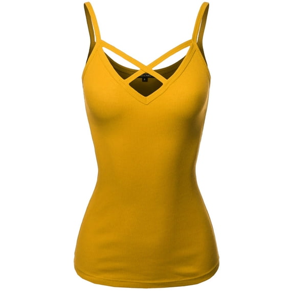 FashionOutfit Women's Solid Ribbed Crisscross Front Spaghetti Strap Cotton Tank Top