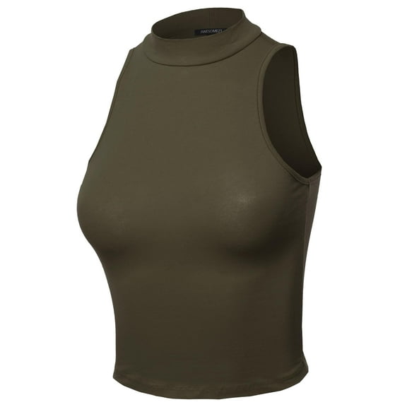FashionOutfit Women's Solid Sleeveless Mock Neck Short Tank Top