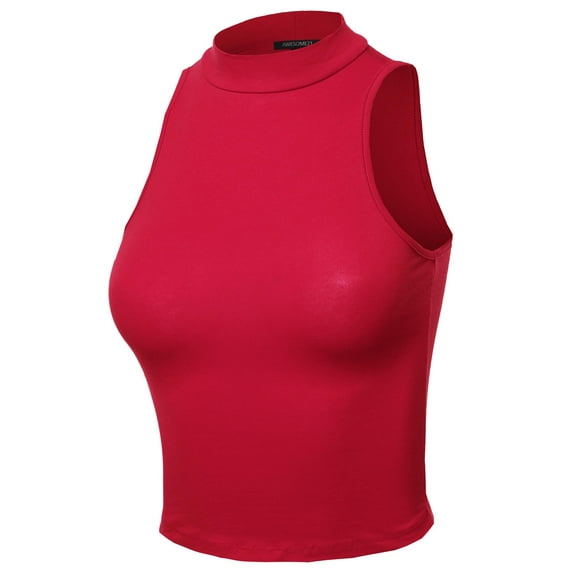 FashionOutfit Women's Solid Sleeveless Mock Neck Short Tank Top