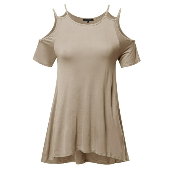 FashionOutfit Women's Solid Soft Stretch Asymmetrical Cold Shoulter Ruffle Sleeve Top