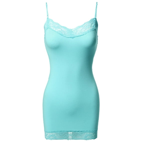 FashionOutfit Women's Solid Soft Stretch Spaghetti Strap Lace Trim Tank Top