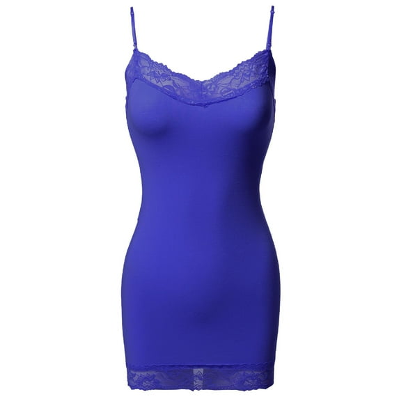 FashionOutfit Women's Solid Soft Stretch Spaghetti Strap Lace Trim Tank Top