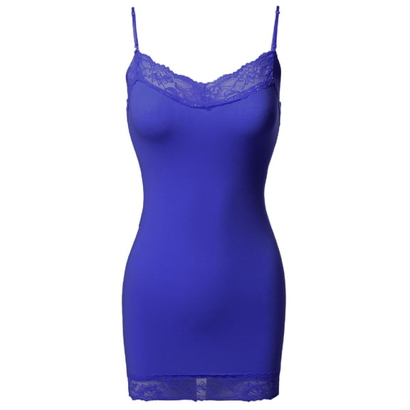 FashionOutfit Women's Solid Soft Stretch Spaghetti Strap Lace Trim Tank Top