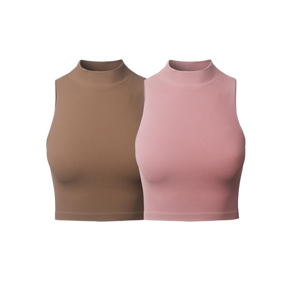 FashionOutfit Women's Solid Stretch Ribbed Sleeveless Mock Neck Crop Top