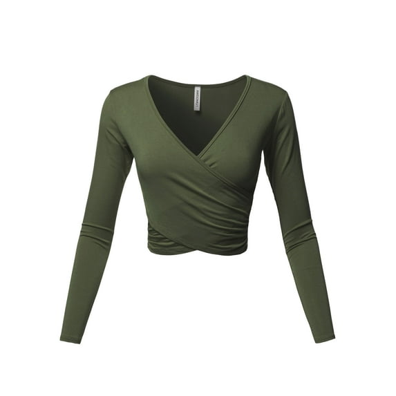 FashionOutfit Women's Solid V-Neck Crossover Shirred Wrap Front Long Sleeves Crop Top