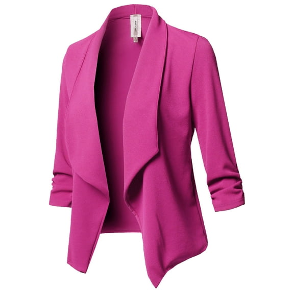 FashionOutfit Women's Stretch 3/4 Gathered Sleeve Open Blazer Jacket