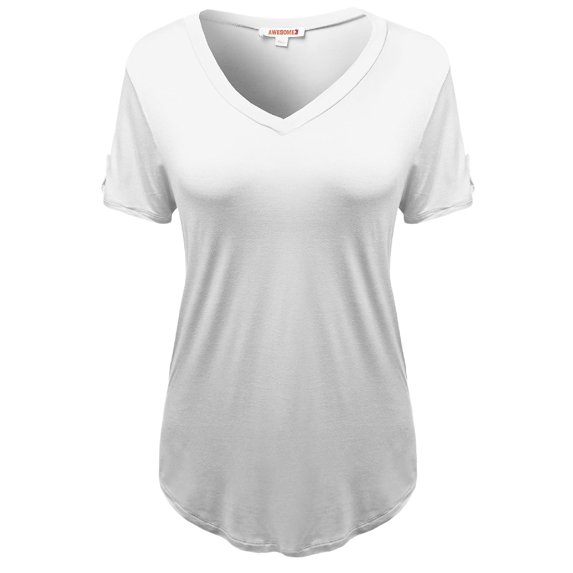 FashionOutfit Women's Super Soft Stretchy Jersey Solid Vneck Short Sleeve PlusSize Tops