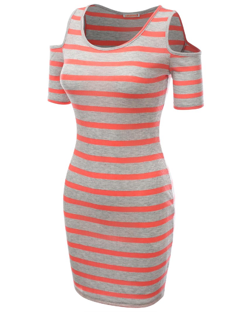 FashionOutfit Women's Super cute Stripe patterned off the Shoulder Shirt  Dresses
