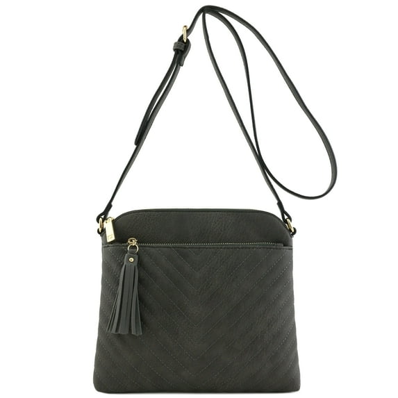FashionPuzzle Chevron Quilted Medium Crossbody Bag with Tassel Accent (Dark Grey)