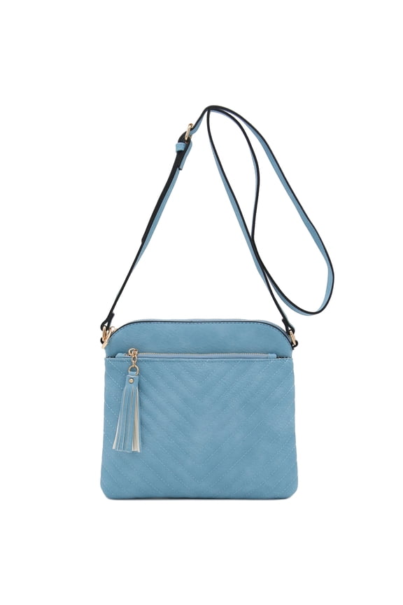 Chevron Quilted Medium Crossbody Bag with Tassel Accent (Sky Blue)