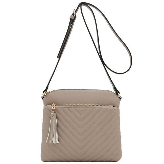FashionPuzzle Chevron Quilted Medium Crossbody Bag with Tassel Accent (Travertine)