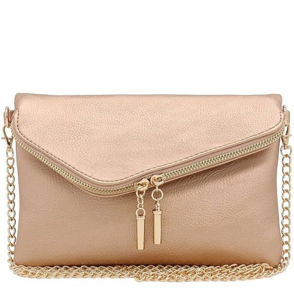 FashionPuzzle Envelope Wristlet Clutch Crossbody Bag with Chain Strap (Rose Gold)