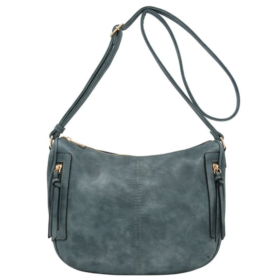 FashionPuzzle Faux Leather Two Front Zipper Pocket Crossbody Saddle Bag (BlueGrey)