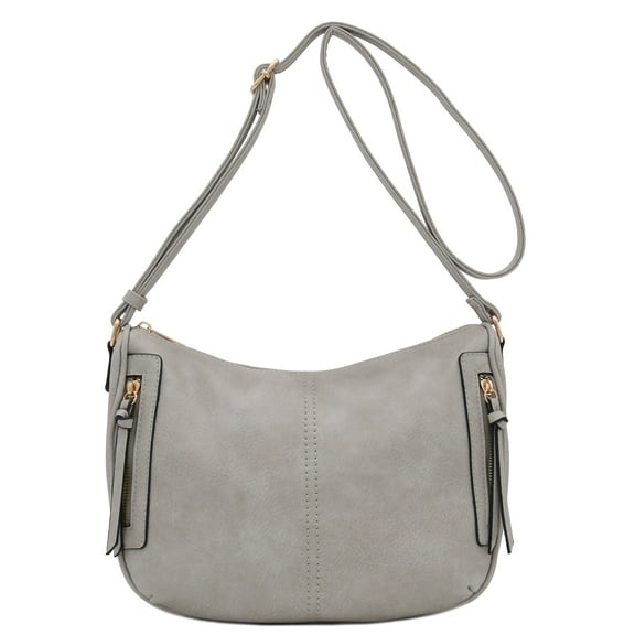 FashionPuzzle Faux Leather Two Front Zipper Pocket Crossbody Saddle Bag (Light Grey)