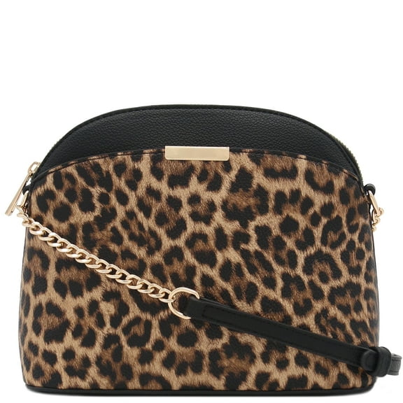 FashionPuzzle Leopard Print Small Dome Crossbody with Chain Strap (Classic Black/Tan)