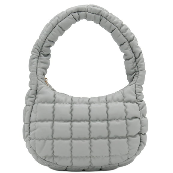 FashionPuzzle Medium Light-weight Quilted Soft Lambskin PU Leather Puffer Shoulder Bag (Light Grey)