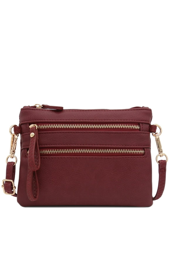 Multi Zipper Pocket Small Wristlet Crossbody Bag (Burgundy)