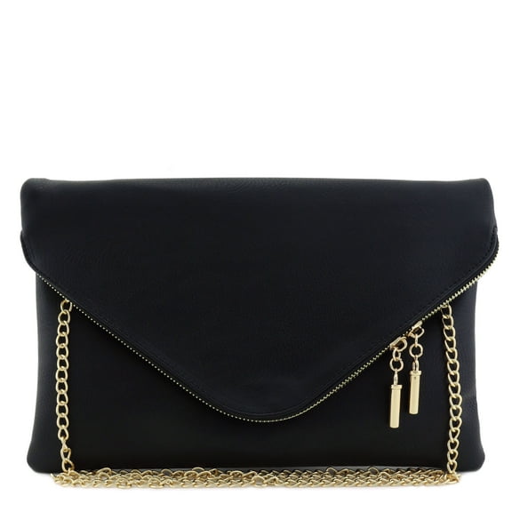 FashionPuzzle Oversized Envelope Clutch Bag with Chain Strap (Black)