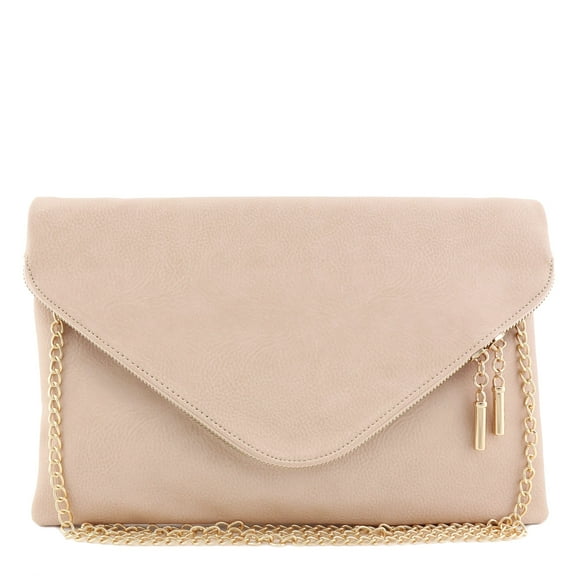 FashionPuzzle Oversized Envelope Clutch Bag with Chain Strap (Nude)