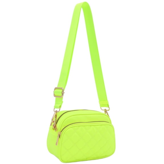 FashionPuzzle Quilted Nylon Crossbody Bag with Wide Strap (Neon Yellow-green)