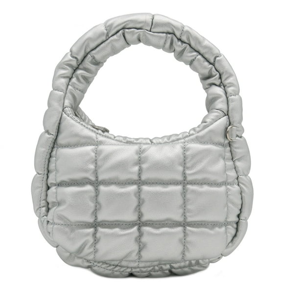 FashionPuzzle Small Light-weight Quilted Soft Lambskin PU Leather Puffer Crossbody Evening Bag (Silver)