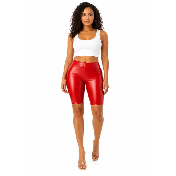 FashionStream Metallic PU Leather Mid-Rise Casual Shorts, Women's