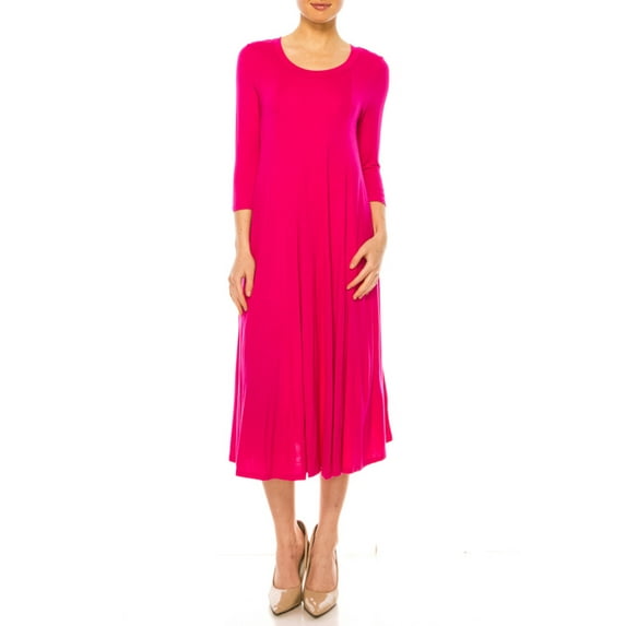 MOA Collection Women's A-Line Long Dress with 3/4 Sleeves and Relaxed Round Neckline