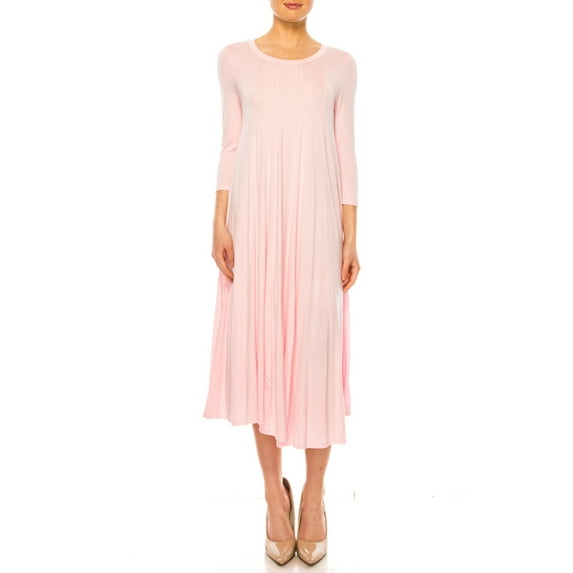 MOA Collection Women's A-Line Long Dress with 3/4 Sleeves and Relaxed Round Neckline