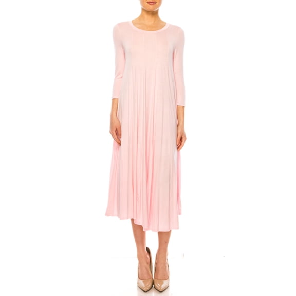 MOA Collection Women's A-Line Long Dress with 3/4 Sleeves and Relaxed Round Neckline