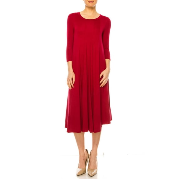 MOA Collection Women's A-Line Long Dress with 3/4 Sleeves and Relaxed Round Neckline
