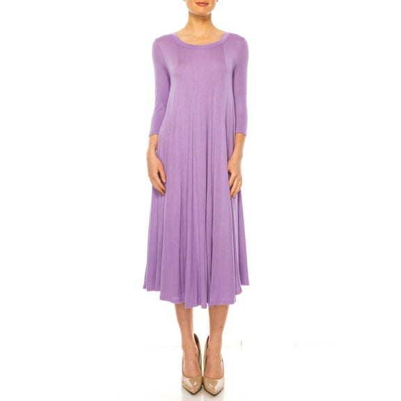 MOA Collection Women's A-Line Long Dress with 3/4 Sleeves and Relaxed Round Neckline