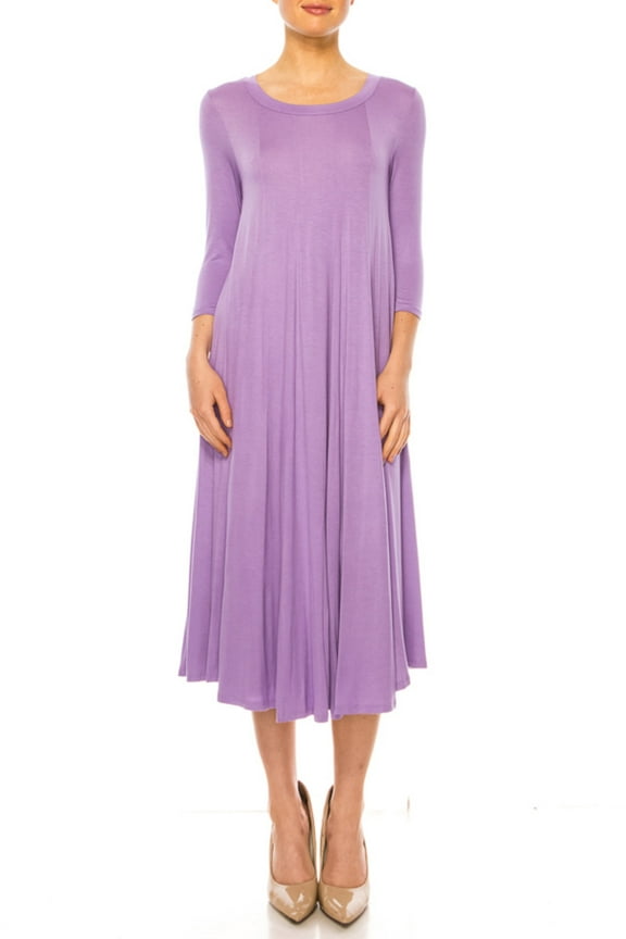 MOA Collection Women's A-Line Long Dress with 3/4 Sleeves and Relaxed Round Neckline
