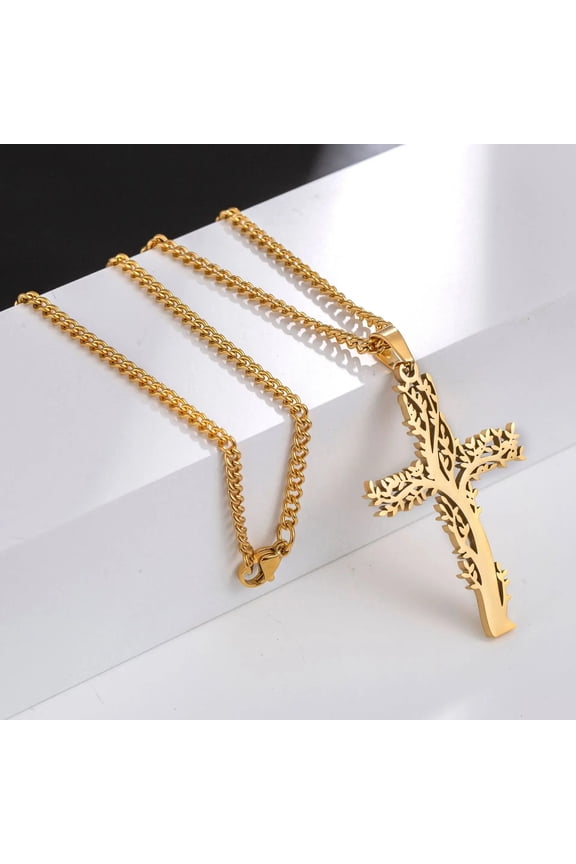 Fashionable 14K Yellow Gold Necklace Cross Arm Tree Of Life Design Unique Elegant Men's Jewelry Item