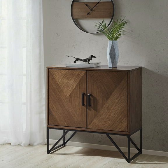 Fashionable Accent Cabinet: Brown Walnut Veneer, Metal Base, Storage Option Glistening Cabinet - Natural Wood &