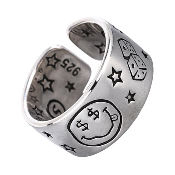 Fashionable Adjustable Smile Face and Star Ring Antique Style Finger Opening Ring Handmade Jewelry for Daily Wear