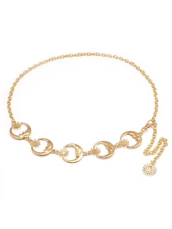 Fashionable Alloy Women's Waist Chain Moon Sun Metal Belts Lady Vintage Pendant Dress Jeans Belts Body Chains classic design measures 100cm in size and weighs approximately 130g.sexy charm