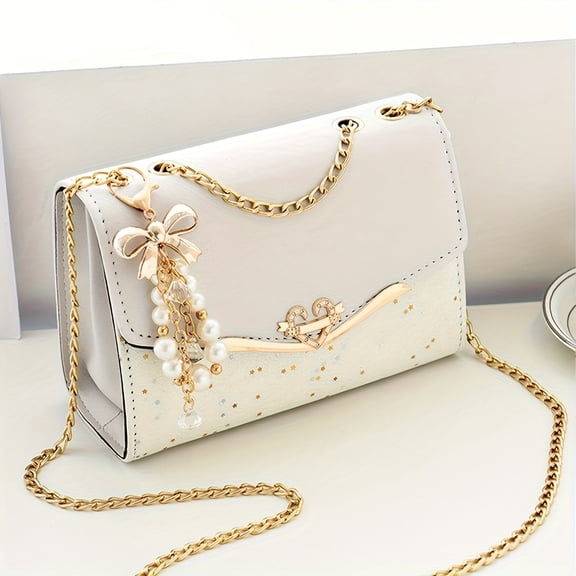 Fashionable Bohemian beige PU crossbody bag with tassels pendant - Urban style flip-top single shoulder bag with metal chain strap, lightweight and portable, ideal Valentine's Day gift