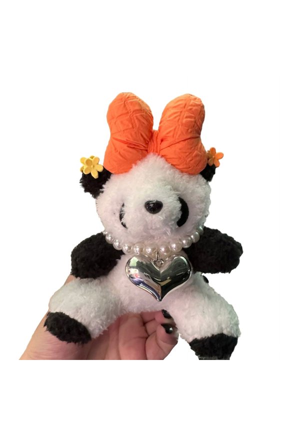 Cute Bowknot Panda Keychain Adorable Heart Pendant Colorful Plush Keyring Couple Key Rings Ornament for Backpacks
