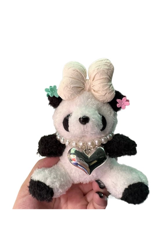 Cute Bowknot Panda Keychain Adorable Heart Pendant Colorful Plush Keyring Couple Key Rings Ornament for Backpacks