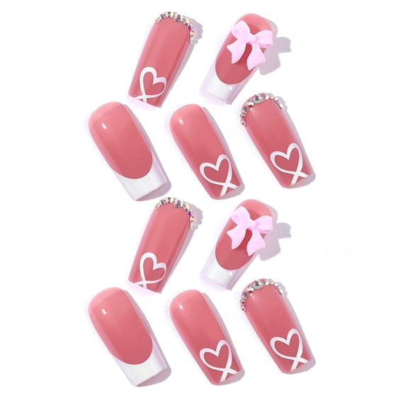 Fashionable Bows Square 24Pcs French Tip Full Cover Acrylic False Nails Set For Women and Girls
