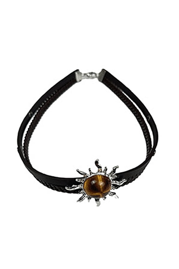 Fashionable Brown Leather Necklace with Sun Pendant Adjustable Length Clavicle Chain Handmade Choker Party Jewelry
