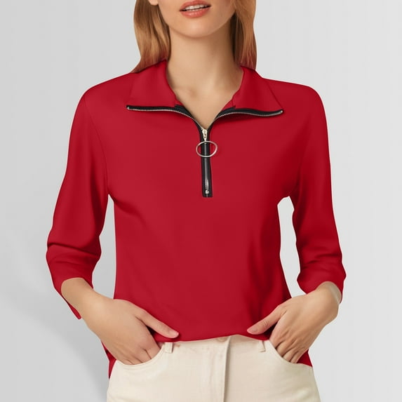 A Fashionable And Casual Half Zipper Solid Color Long Sleeved T Shirt For Ladies Long Sleeve Tee Women's Tops Summer Soft Shirt Women Women Active Wear Tops Shirt for Juniors Long Sleeves Womens Long
