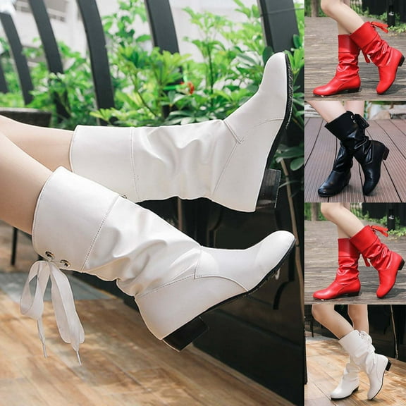 Fashionable Casual Mid-Calf Boots Low-Heeled Pleated Round-Toe Warm Leather Shoes for Women Outdoor Indoor Use