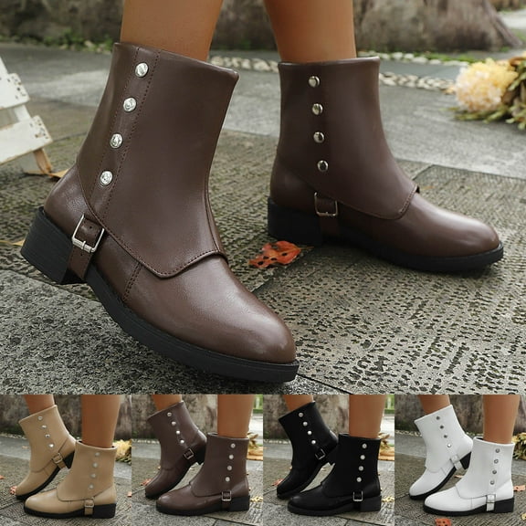 Fashionable Casual Mid-Calf Boots Solid Color Round Toe Comfortable Low-Heeled Thick-Heeled Stylish Fall Winter Shoes