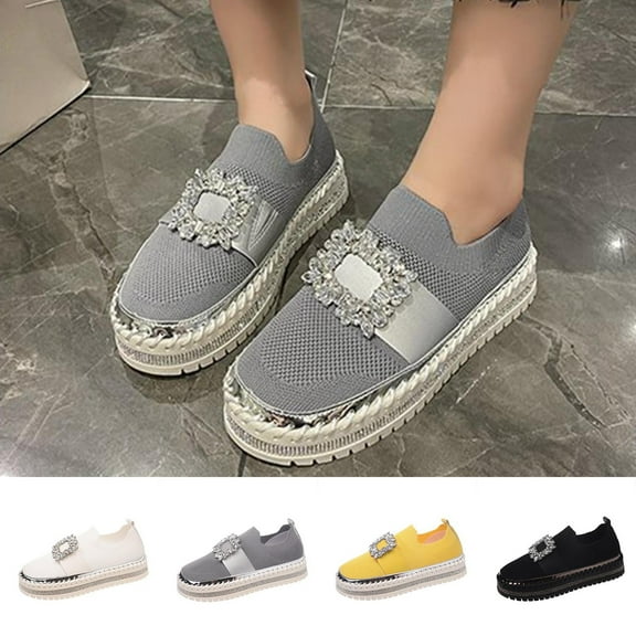 Fashionable Casual Rhinestone Sneakers, Breathable Fly Mesh, Comfortable Round Toe Slip-on Flats for Everyday Use