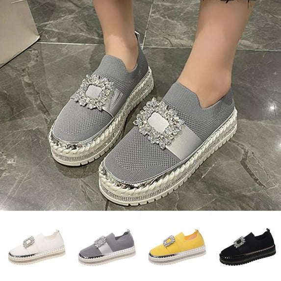 Fashionable Casual Rhinestone Sneakers, Breathable Fly Mesh, Comfortable Round Toe Slip-on Flats for Everyday Use