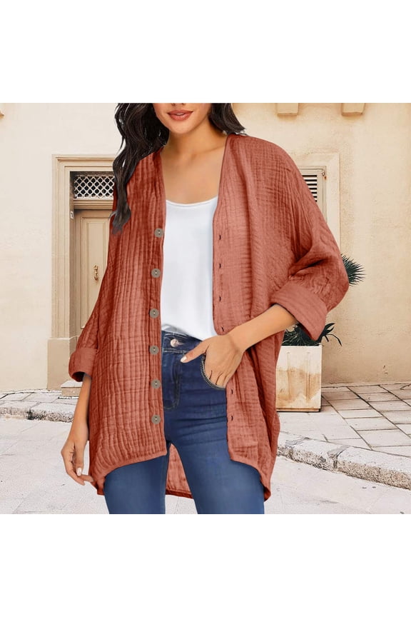 Fashionable And Casual Solid Color V Neck Long Sleeved Button Cardigan, Polyester Spandex Blend, Loose Fit, Machine Washable, Ideal For Casual Occasions, Brown 3XL, Size S-XXXL