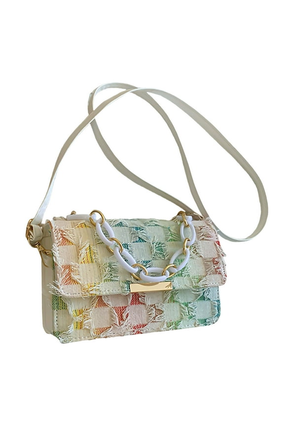 Fashionable Chain Handle Shoulder Bag Korean Elegant Denims Tassels Handbag Checkered Jeans Crossbody Purse for Women