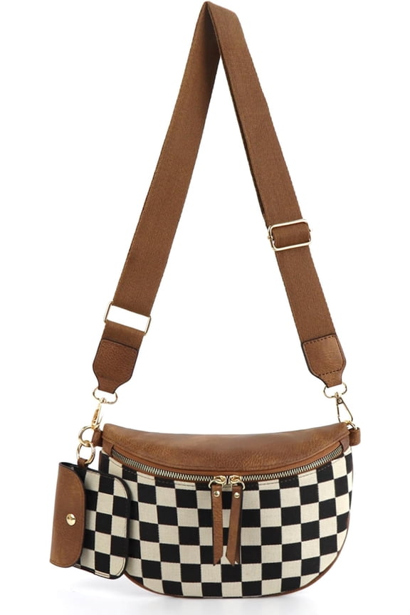 Fashionable Checkered Crossbody Bum Bag for Women - Large Capacity Fanny , Belt Bag Sling Bag, Durable PU Leather, Stylish for Travel & Daily Use (Brown grid)