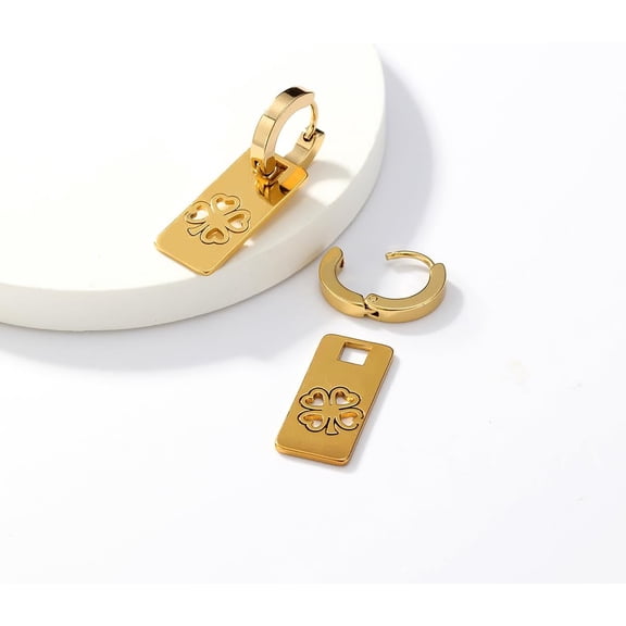 Fashionable Classic 201 Stainless Steel Rectangle with Clover Hoop Earrings Real 18K golden Plated 33x11mm